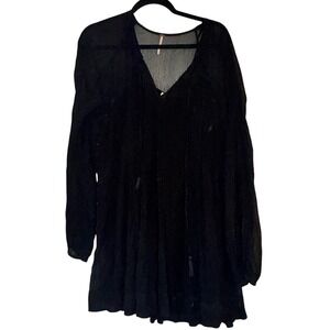 Free People Black Sheer V Neck Tassel‎ Mini Dress Boho Festival M
